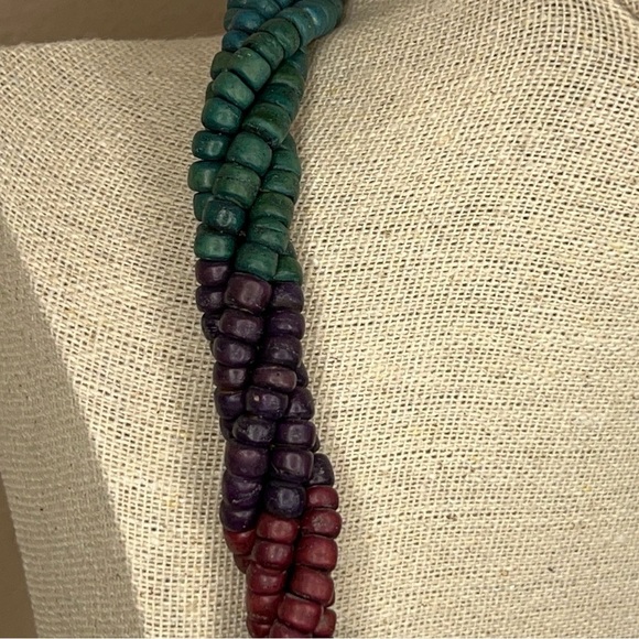 VINTAGE 80s CHUNKY BEADED NECKLACE PURPLE GREEN BOHO LAYERED - Picture 4 of 9